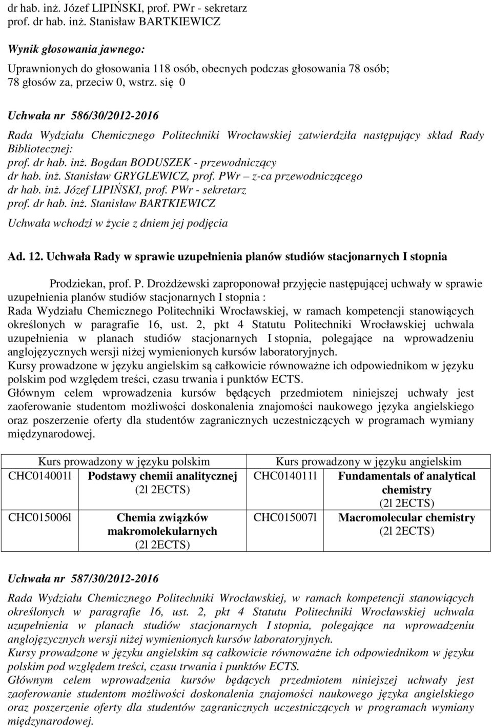 inż. Stanisław GRYGLEWICZ, prof. PWr z-ca przewodniczącego dr hab. inż. Józef LIPIŃSKI, prof. PWr - sekretarz prof. dr hab. inż. Stanisław BARTKIEWICZ Uchwała wchodzi w życie z dniem jej podjęcia Ad.