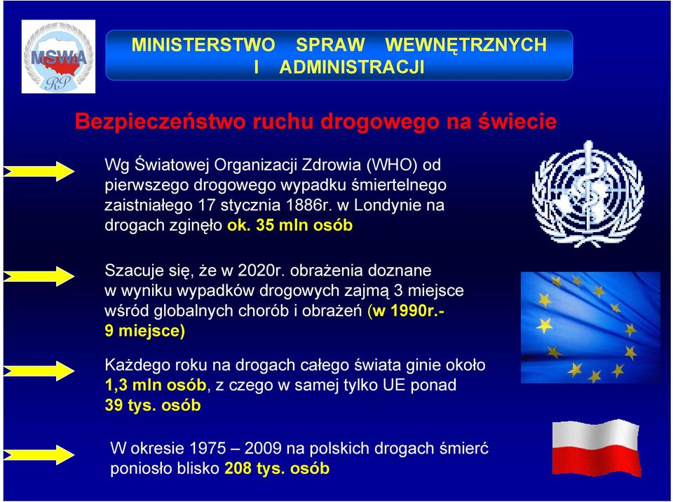 obrażenia doznane w wyniku wypadków drogowych zajmą 3 miejsce wśród globalnych chorób i obrażeń (w 1990r.