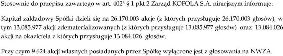 170.003 głosów), w tym 13.085.977 akcji zdematerializowanych (z których przysługuje 13.085.977 głosów) oraz 13.