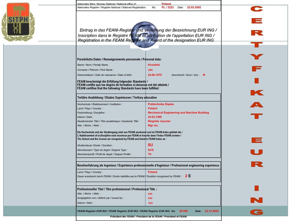 of the designation EUR ING Persönliche Daten / Renseignements personnels / Personal data: Name / Nom / Family Name Vorname / Prénom / First Name : Kowalski Geburtsdatum / Date de naissance / Date of