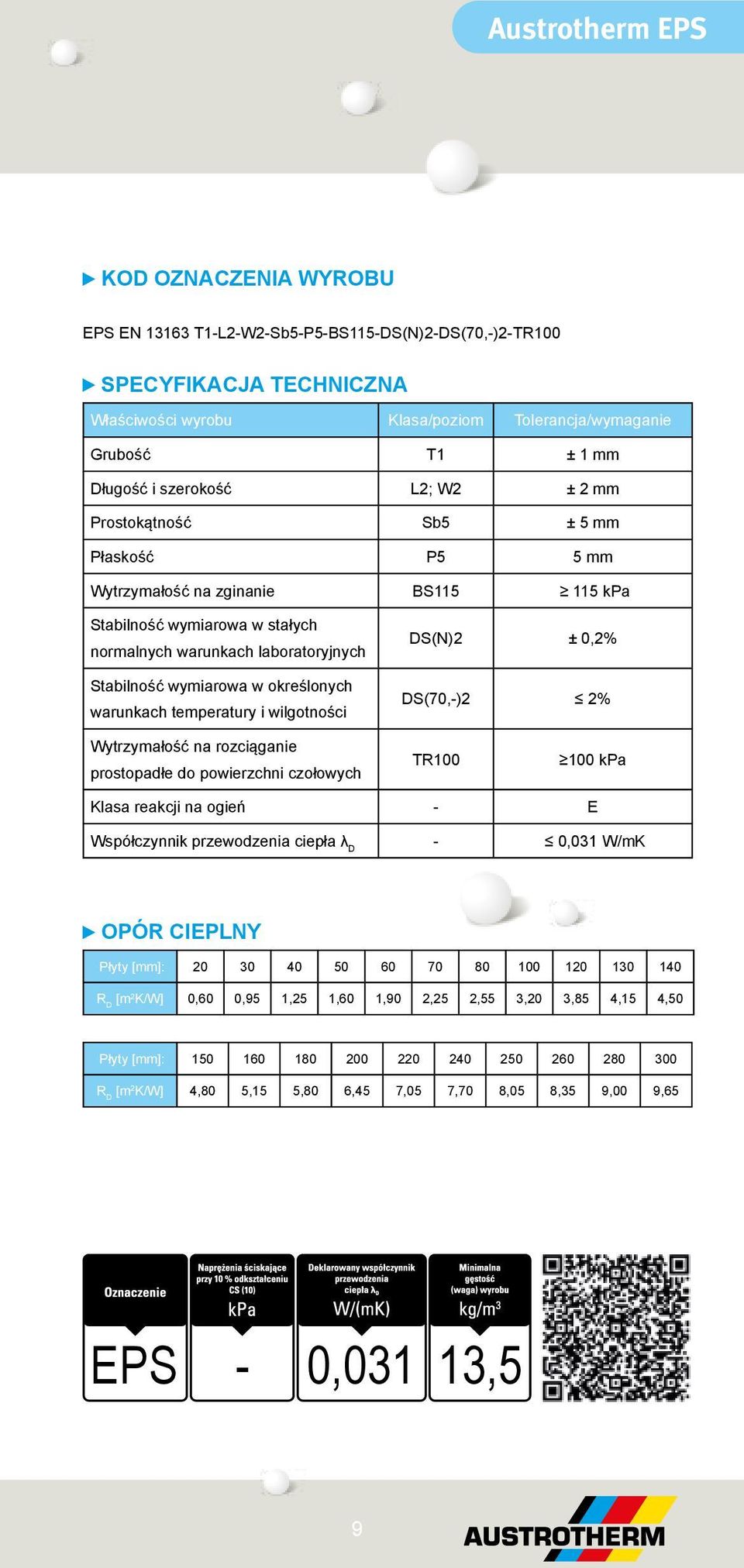 określonych warunkach temperatury i wilgotności DS(N)2 ± 0,2% DS(70,-)2 2% Wytrzymałość na rozciąganie prostopadłe do powierzchni czołowych TR100 100 kpa Klasa reakcji na ogień - E - 0,031 W/mK OPÓR