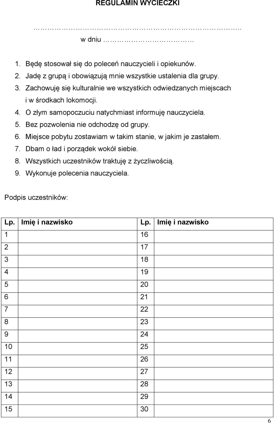 Bez pozwolenia nie odchodzę od grupy. 6. Miejsce pobytu zostawiam w takim stanie, w jakim je zastałem. 7. Dbam o ład i porządek wokół siebie. 8.