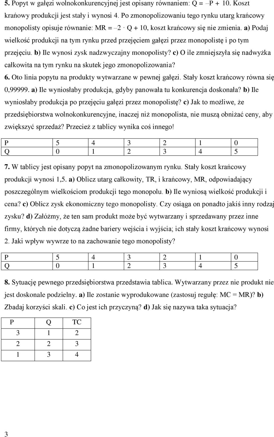 a) Podaj wielkość produkcji na tym rynku przed przejęciem gałęzi przez monopolistę i po tym przejęciu. b) Ile wynosi zysk nadzwyczajny monopolisty?