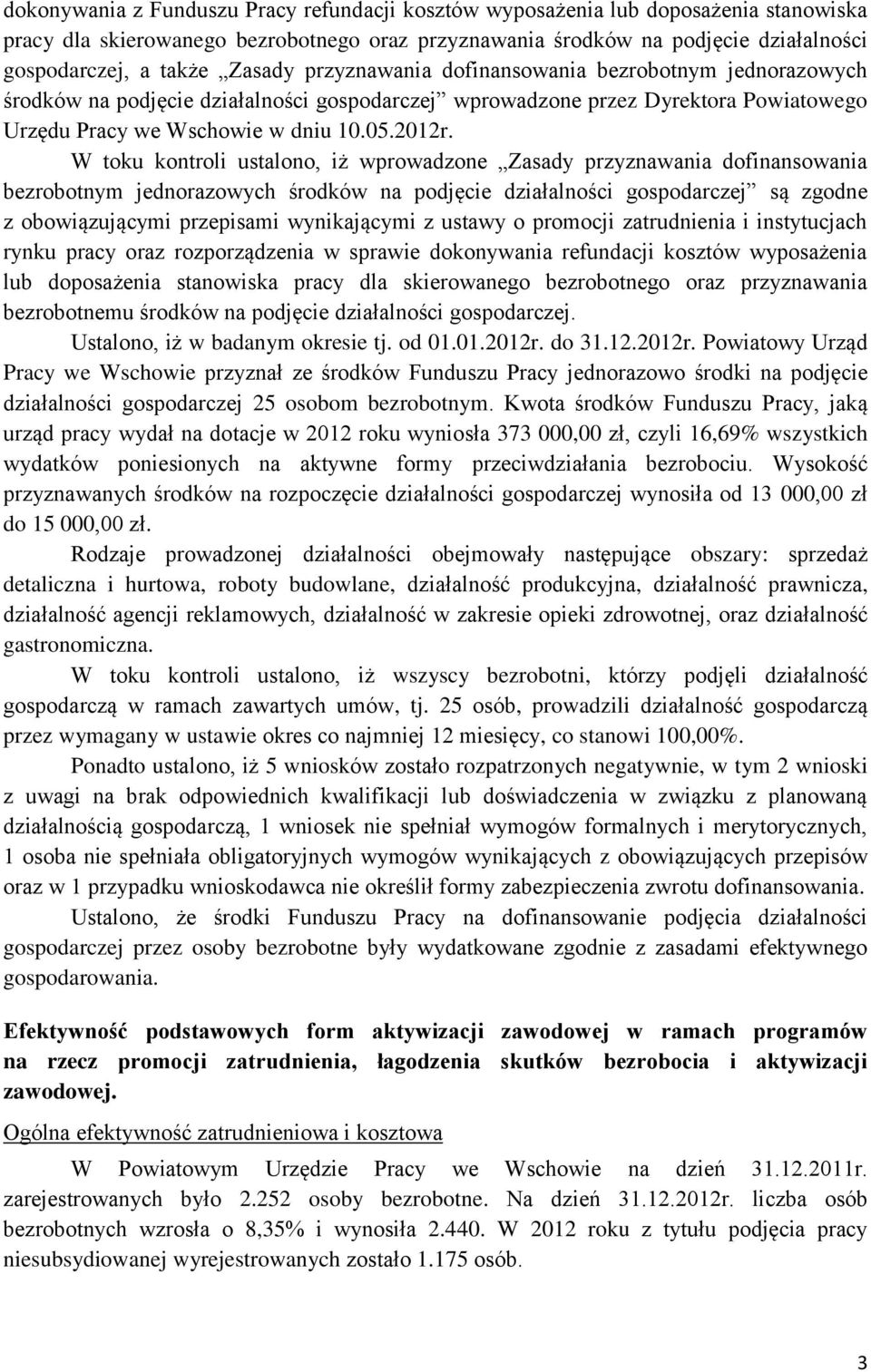 W toku kontroli ustalono, iż wprowadzone Zasady przyznawania dofinansowania bezrobotnym jednorazowych środków na podjęcie działalności gospodarczej są zgodne z obowiązującymi przepisami wynikającymi