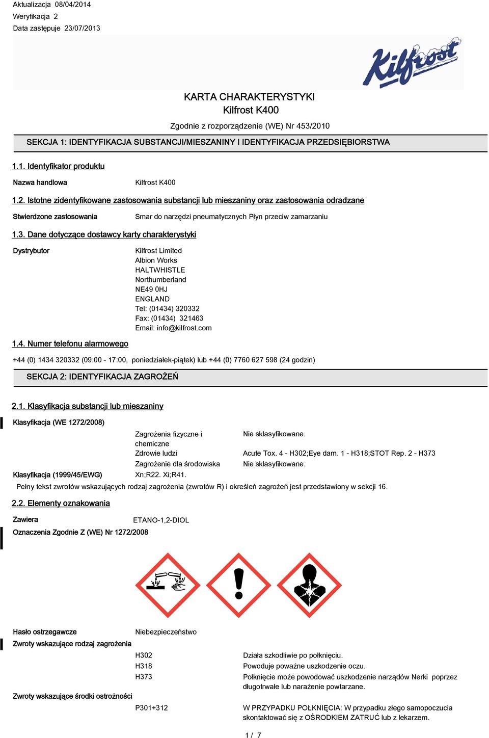 Istotne zidentyfikowane zastosowania substancji lub mieszaniny oraz zastosowania odradzane Stwierdzone zastosowania Smar do narzędzi pneumatycznych Płyn przeciw zamarzaniu 1.3.