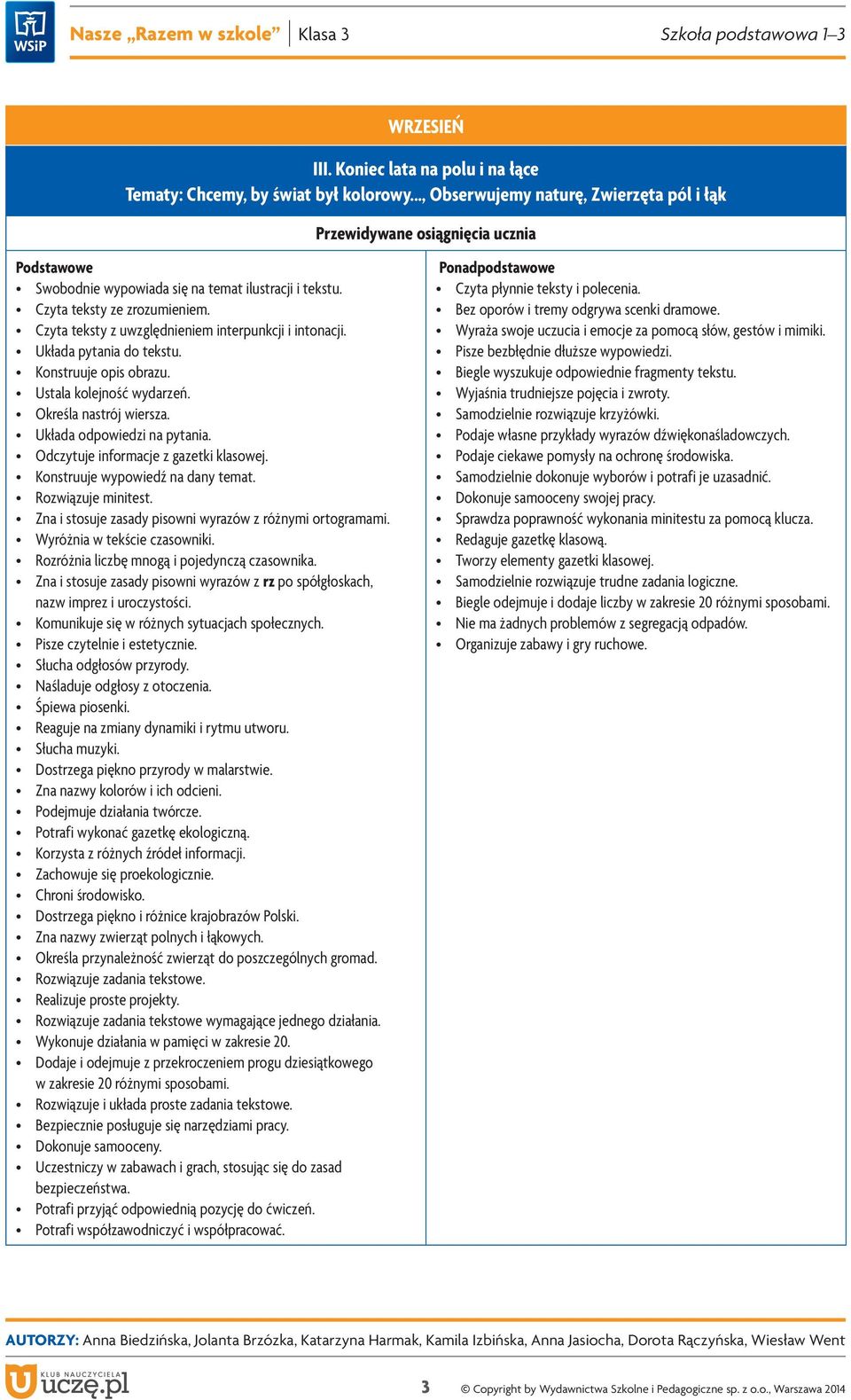 Odczytuje informacje z gazetki klasowej. Konstruuje wypowiedź na dany temat. Rozwiązuje minitest. Zna i stosuje zasady pisowni wyrazów z różnymi ortogramami. Wyróżnia w tekście czasowniki.