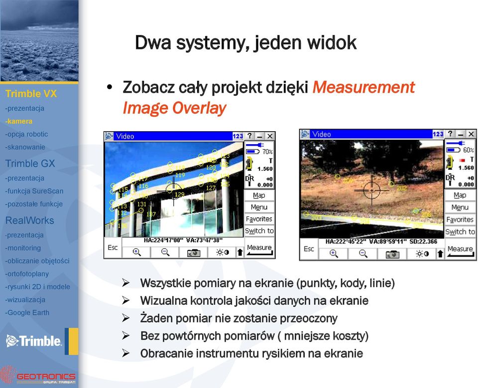 -rysunki 2D i modele -wizualizacja -Google Earth Wszystkie pomiary na ekranie (punkty, kody, linie) Wizualna kontrola