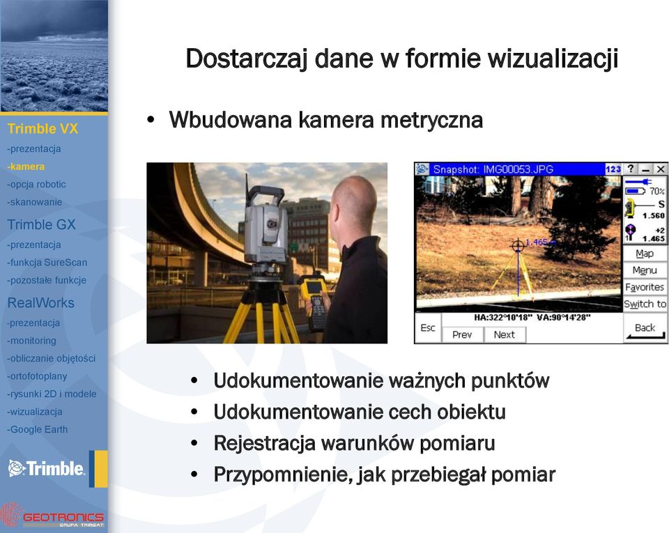 objętości -ortofotoplany -rysunki 2D i modele -wizualizacja -Google Earth Udokumentowanie ważnych