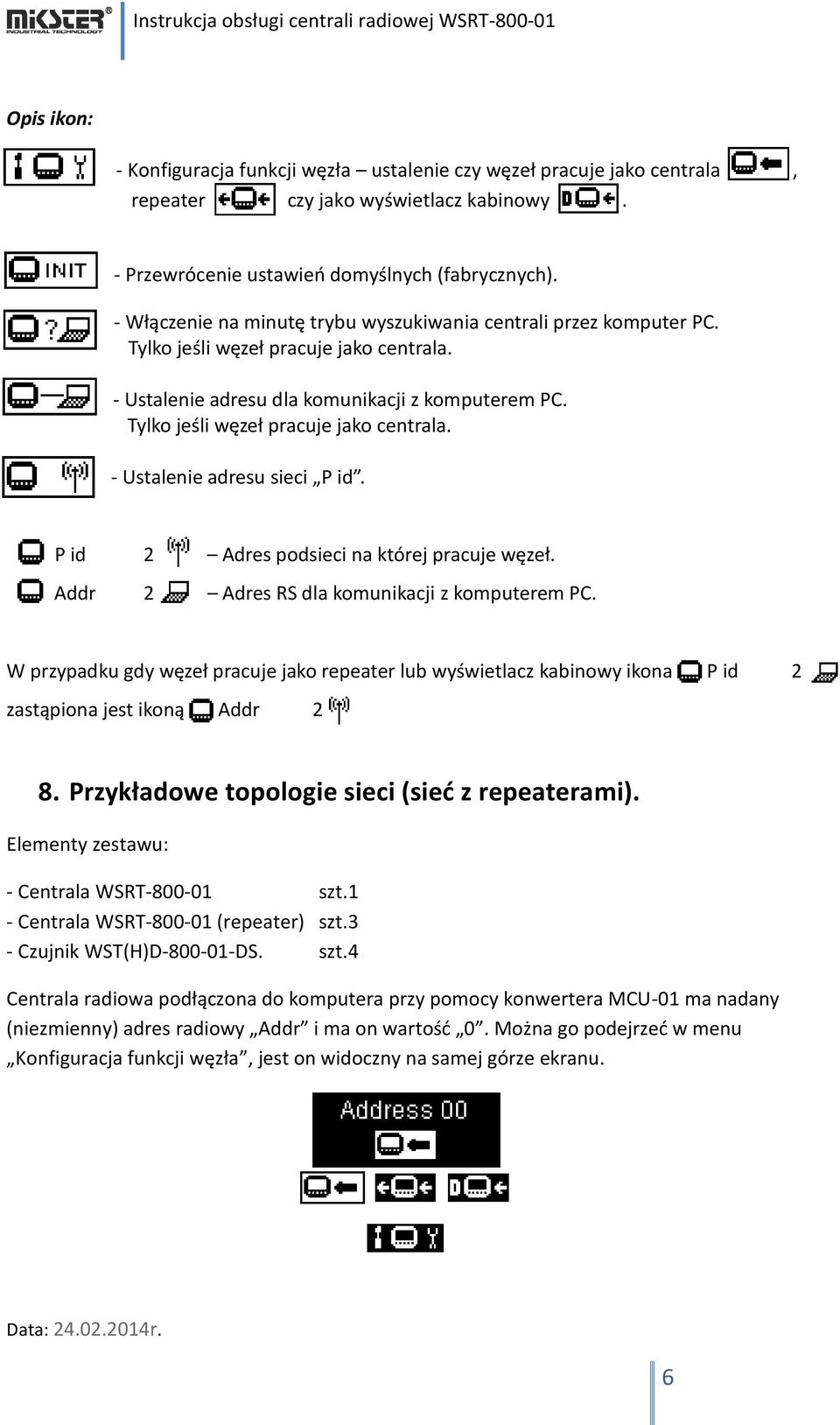 Tylko jeśli węzeł pracuje jako centrala. - Ustalenie adresu sieci P id. P id 2 Adres podsieci na której pracuje węzeł. Addr 2 Adres RS dla komunikacji z komputerem PC.