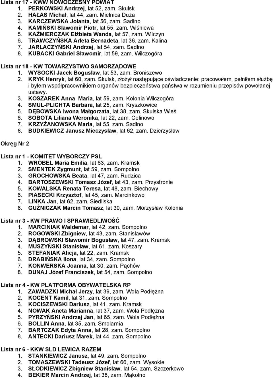 Wilczogóra 1. WYSOCKI Jacek Bogusław, lat 53, zam. Broniszewo 2. KRYK Henryk, lat 60, zam.