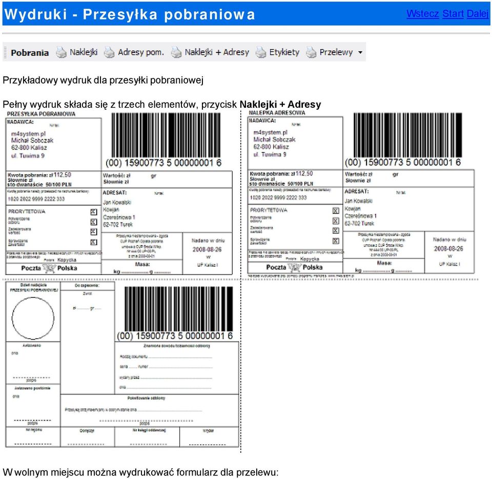 z trzech elementów, przycisk Naklejki + Adresy W
