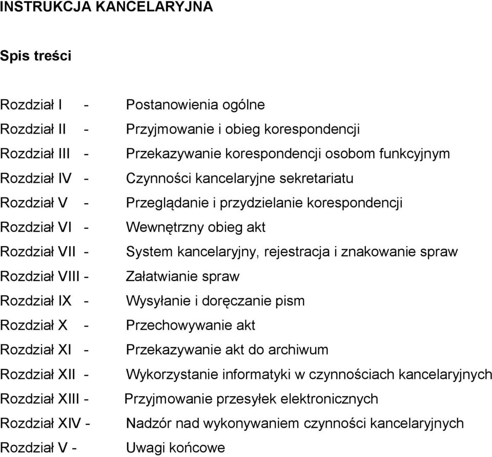 i znakowanie spraw Rozdział VIII - Załatwianie spraw Rozdział IX - Wysyłanie i doręczanie pism Rozdział X - Przechowywanie akt Rozdział XI - Przekazywanie akt do archiwum Rozdział XII -