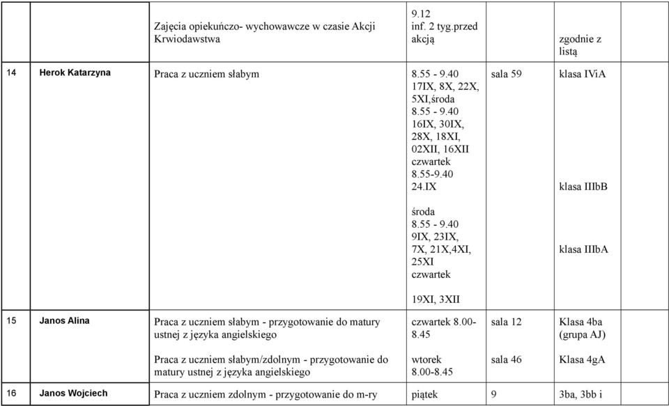 40 16IX, 30IX, 28X, 18XI, 02XII, 16XII czwartek 8.55-9.