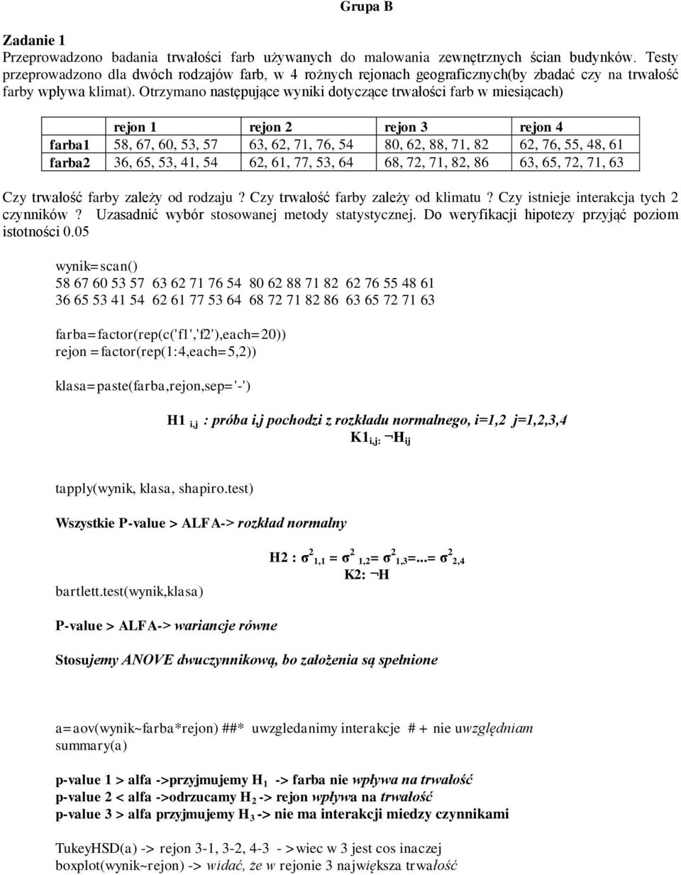 Otrzymano następujące wyniki dotyczące trwałości farb w miesiącach) rejon 1 rejon 2 rejon 3 rejon 4 farba1 58, 67, 60, 53, 57 63, 62, 71, 76, 54 80, 62, 88, 71, 82 62, 76, 55, 48, 61 farba2 36, 65,
