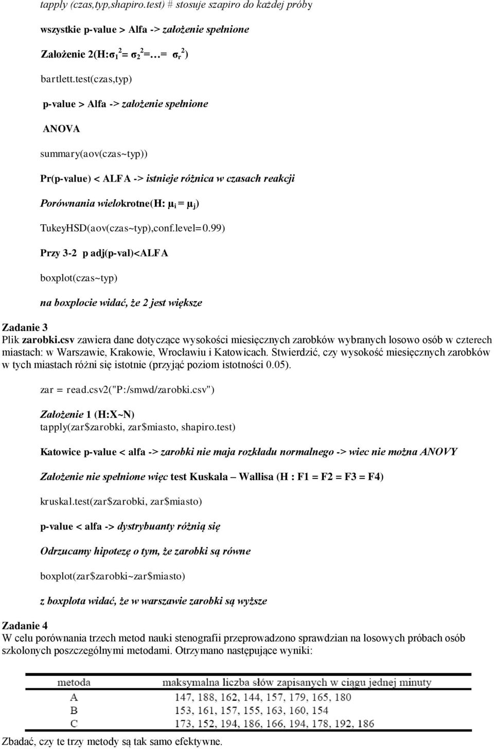 TukeyHSD(aov(czas~typ),conf.level=0.99) Przy 3-2 p adj(p-val)<alfa boxplot(czas~typ) na boxplocie widać, że 2 jest większe Zadanie 3 Plik zarobki.