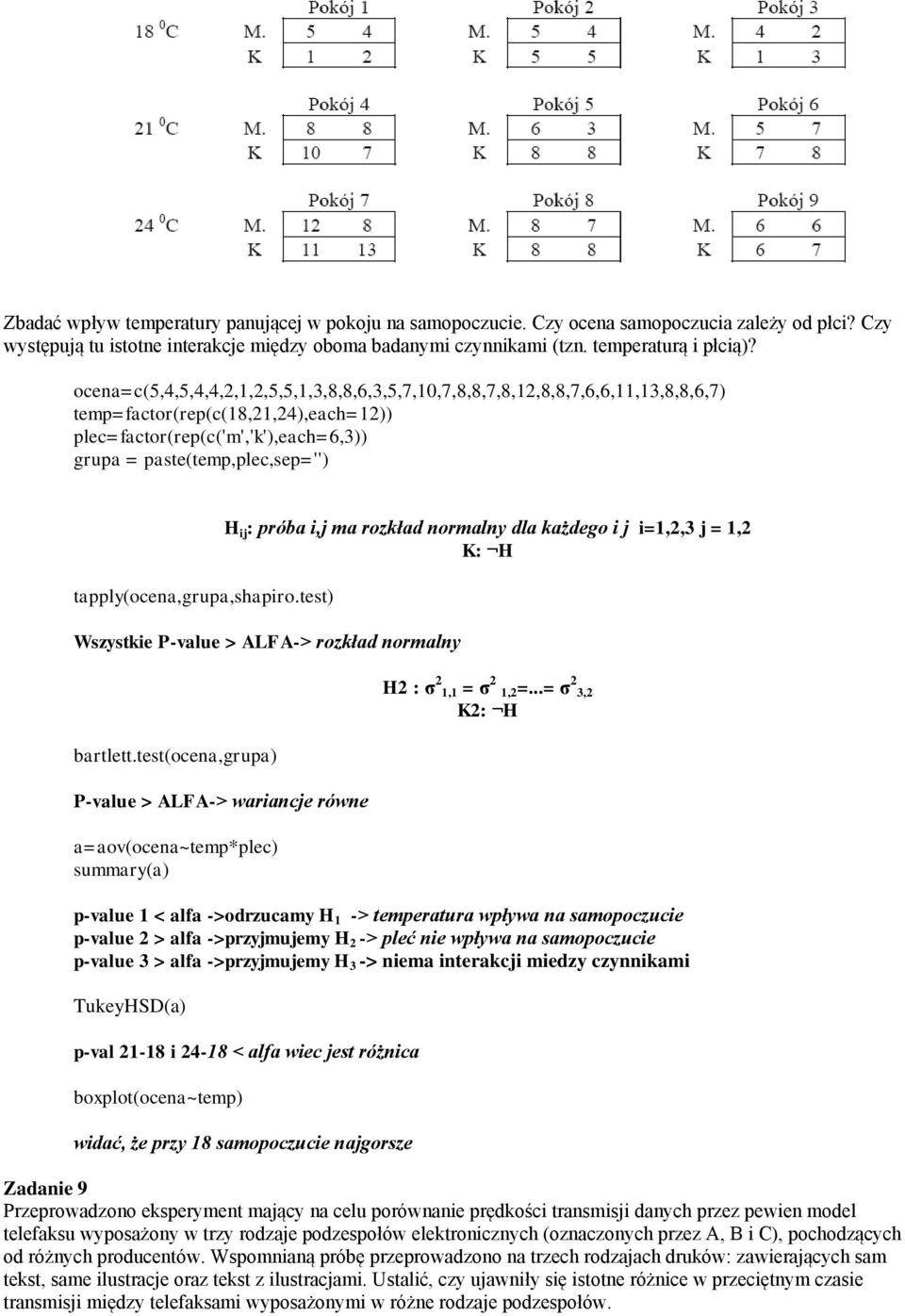 tapply(ocena,grupa,shapiro.test) H ij : próba i,j ma rozkład normalny dla każdego i j i=1,2,3 j = 1,2 Wszystkie P-value > ALFA-> rozkład normalny bartlett.