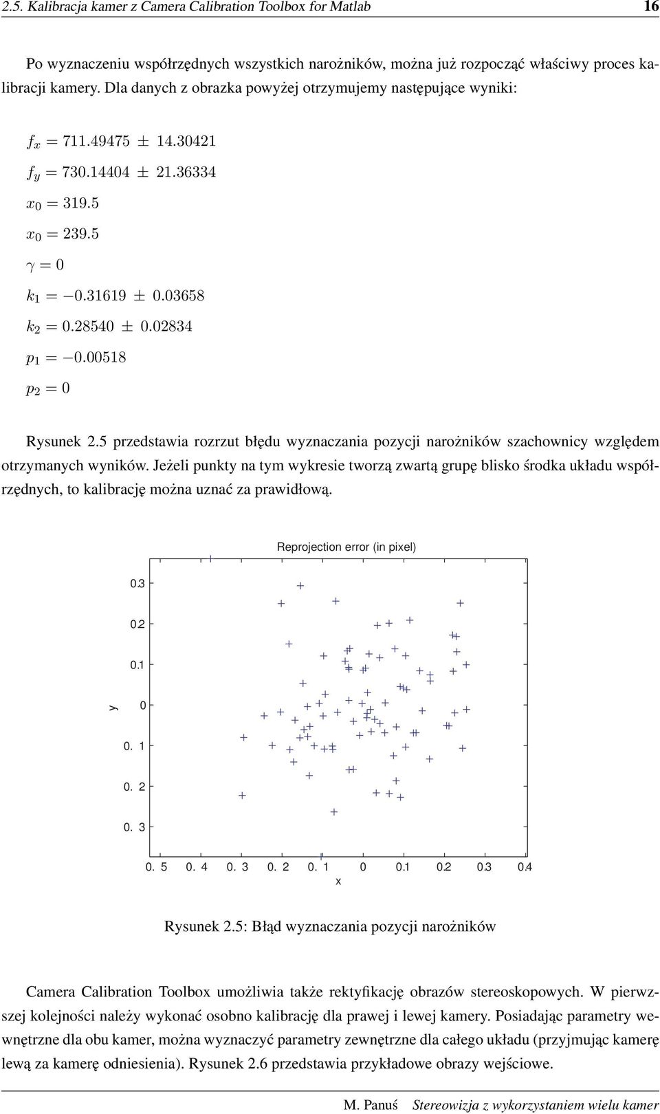 02834 p 1 = 0.00518 p 2 = 0 Rysunek 2.5 przedstawia rozrzut błędu wyznaczania pozycji narożników szachownicy względem otrzymanych wyników.