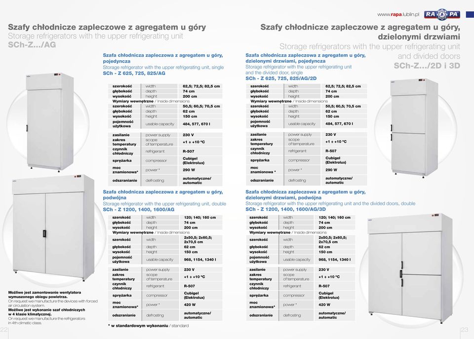 width 50,5; 60,5; 70,5 cm usable capacity 484, 577, 670 l 290 W Szafa chłodnicza zapleczowa z agregatem u góry, podwójna Storage refrigerator with the upper refrigerating unit, double SCh - Z 1200,