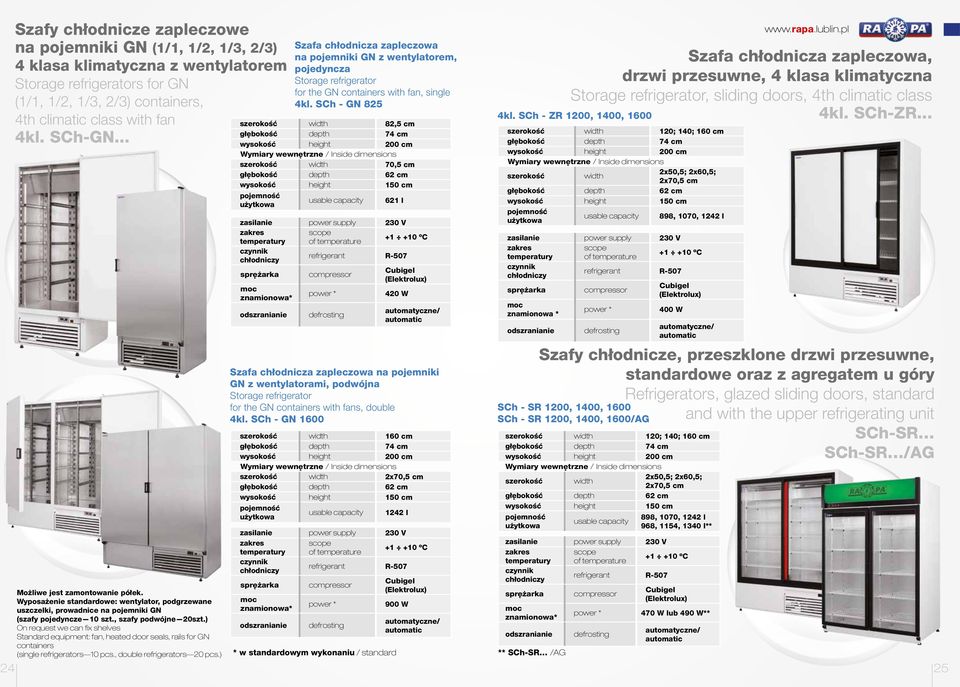 ) On request we can fix shelves Standard equipment: fan, heated door seals, rails for GN containers (single refrigerators 10 pcs., double refrigerators 20 pcs.