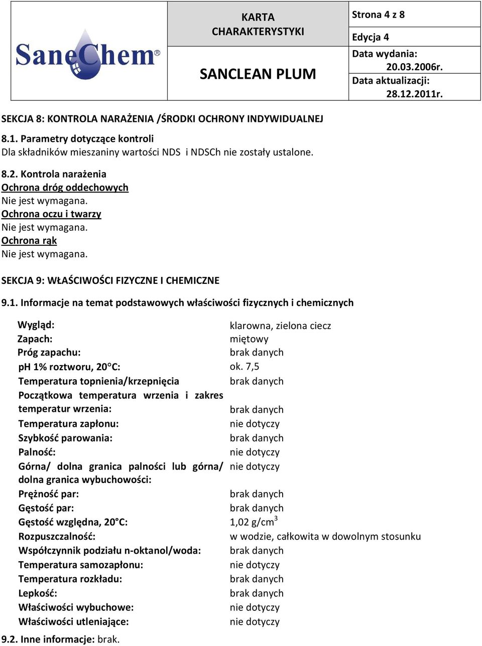 Informacje na temat podstawowych właściwości fizycznych i chemicznych Wygląd: klarowna, zielona ciecz Zapach: miętowy Próg zapachu: ph 1% roztworu, 20 C: ok.