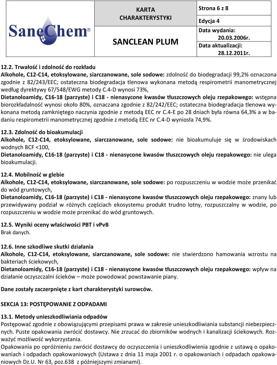 wykonana metodą respirometrii manometrycznej według dyrektywy 67/548/EWG metody C.