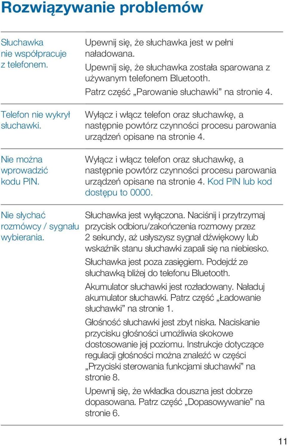 Wyłącz i włącz telefon oraz słuchawkę, a następnie powtórz czynności procesu parowania urządzeń opisane na stronie 4.