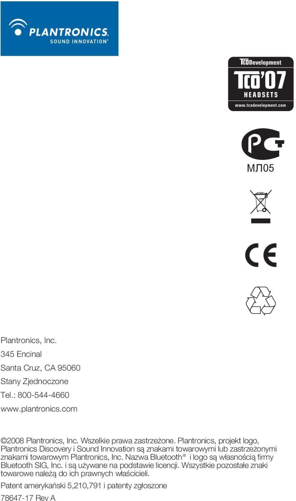 Plantronics, projekt logo, Plantronics Discovery i Sound Innovation są znakami towarowymi lub zastrzeżonymi znakami towarowym