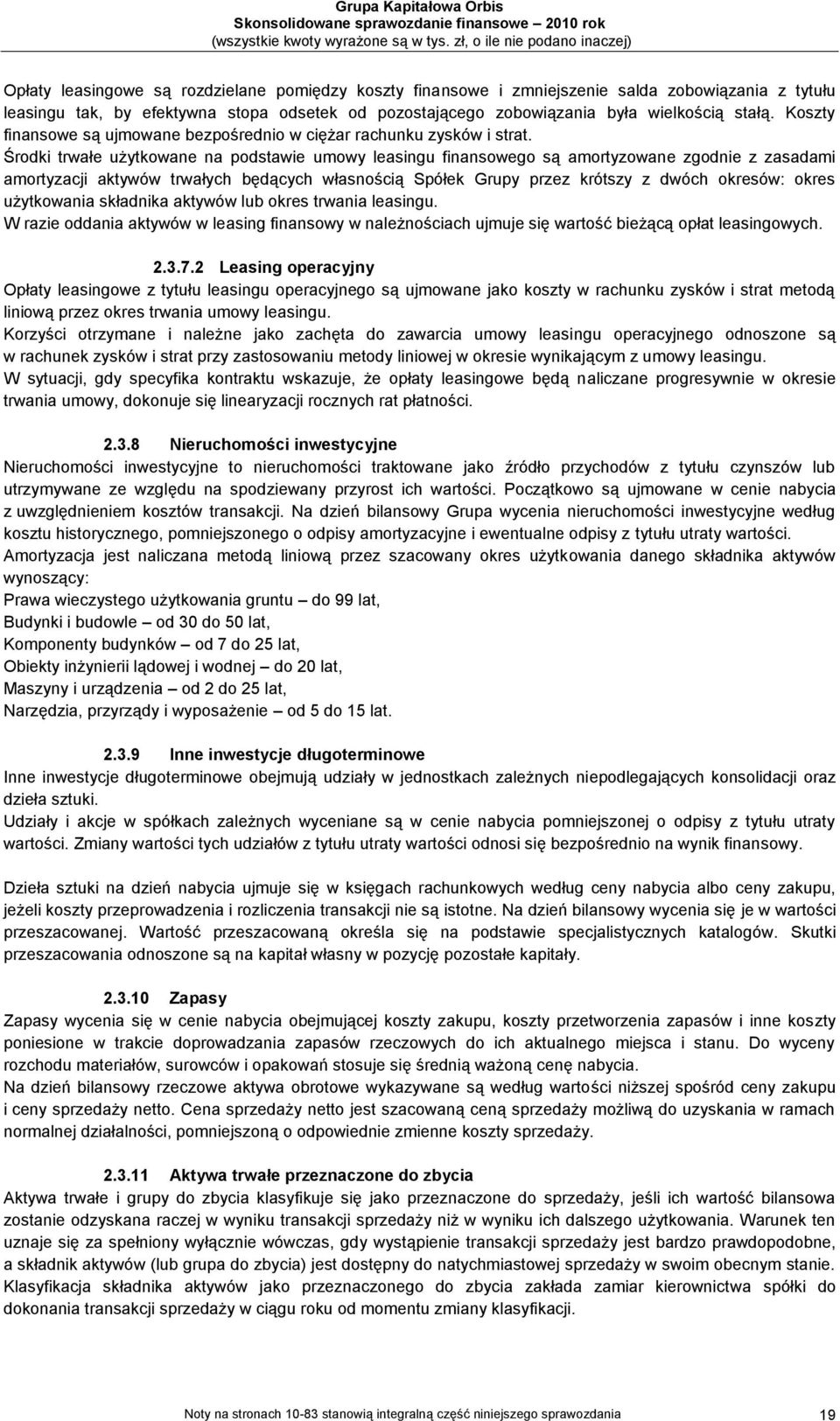 Środki trwałe użytkowane na podstawie umowy leasingu finansowego są amortyzowane zgodnie z zasadami amortyzacji aktywów trwałych będących własnością Spółek Grupy przez krótszy z dwóch okresów: okres