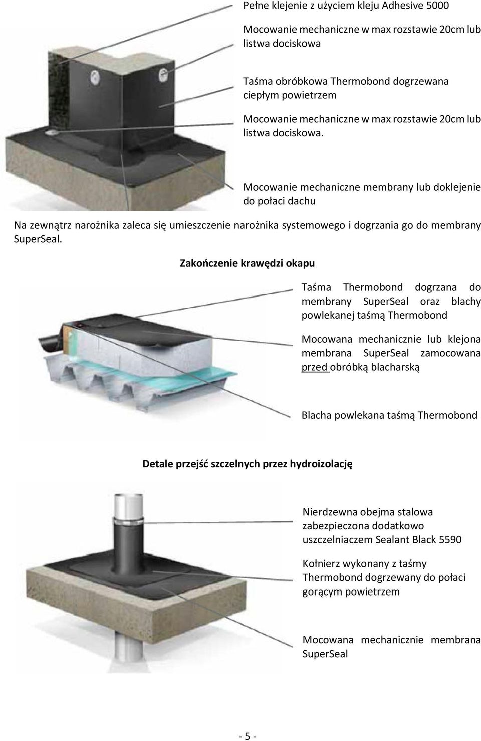 Mocowanie mechaniczne membrany lub doklejenie do połaci dachu Na zewnątrz narożnika zaleca się umieszczenie narożnika systemowego i dogrzania go do membrany SuperSeal.