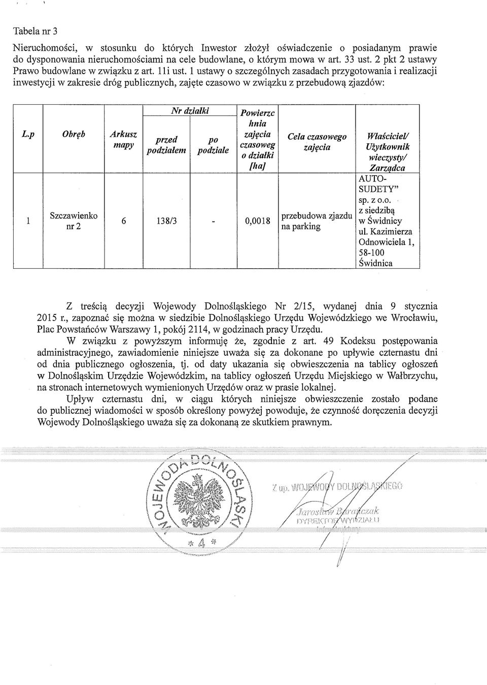 1 ustawy o szczególnych zasadach przygotowania i realizacji inwestycji w zakresie dróg publicznych, zajęte czasowo w związku z przebudową zjazdów: L.