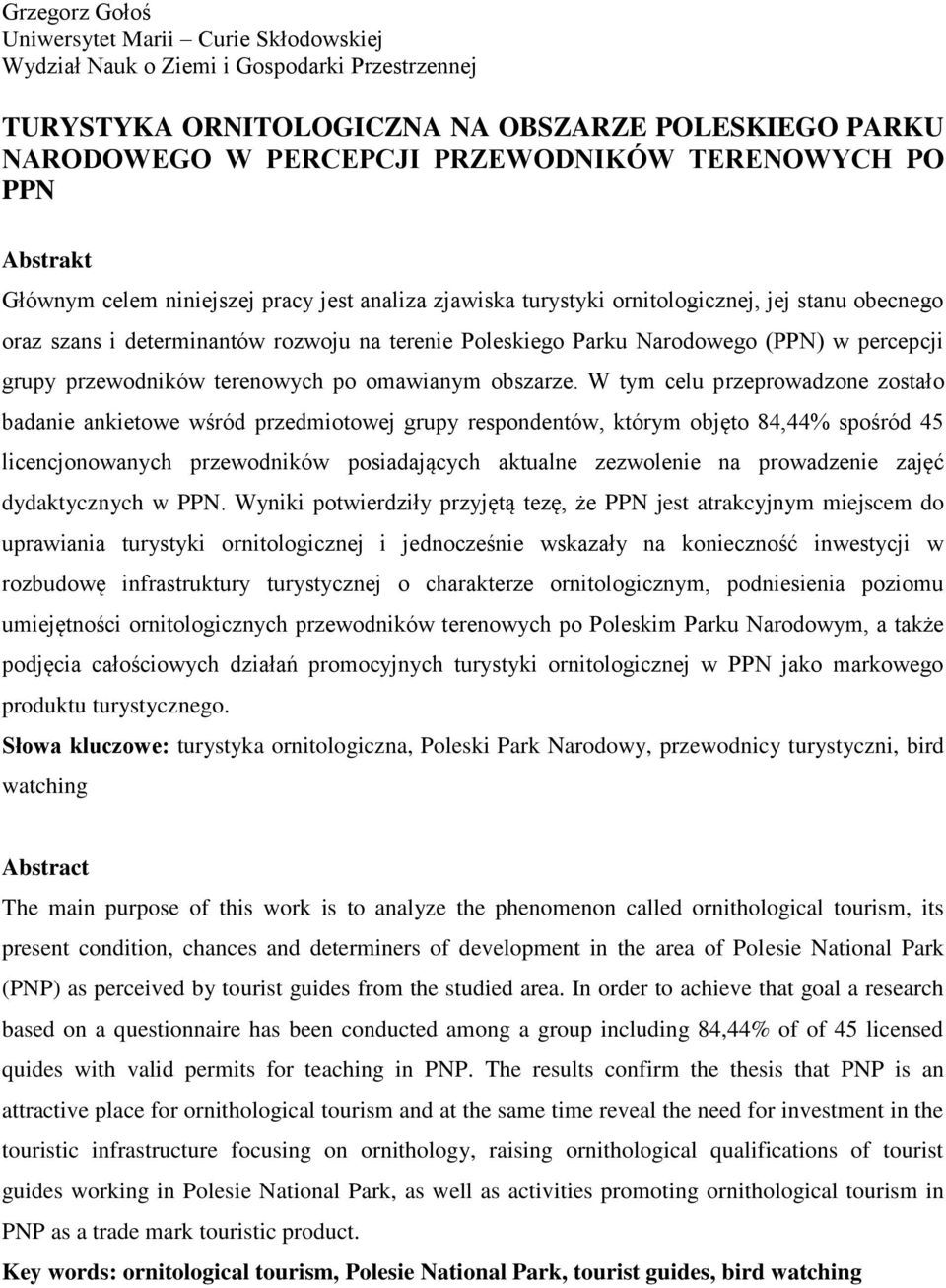 (PPN) w percepcji grupy przewodników terenowych po omawianym obszarze.