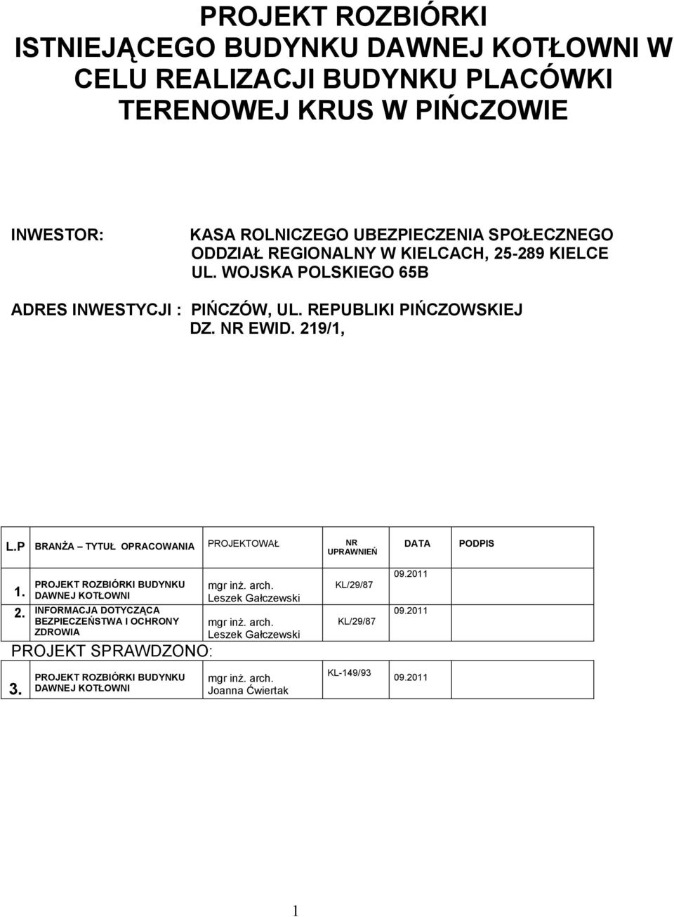 P BRANŻA TYTUŁ OPRACOWANIA PROJEKTOWAŁ NR UPRAWNIEŃ DATA PODPIS 1. 2.