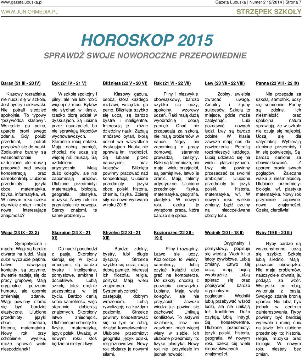 22 VIII) Panna (23 VIII - 22 IX) Klasowy rozrabiaka, nie nudzi się w szkole. Jest bystry i ciekawski. Nie potrafi siedzieć spokojnie. To typowy "przywódca klasowy".