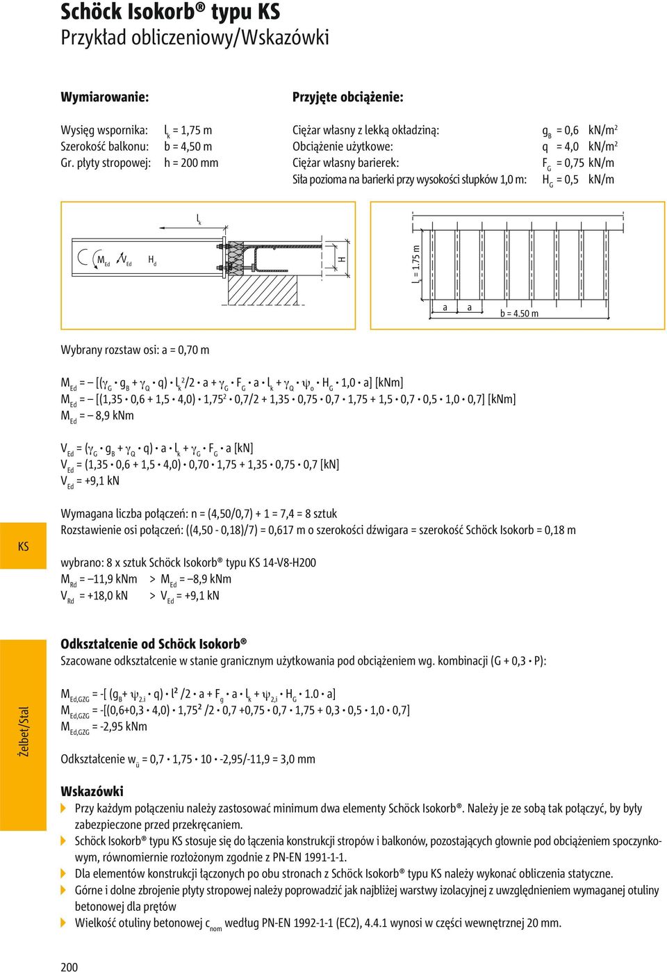 pozioma na barierki przy wysokości słupków 1,0 m: H G = 0,5 kn/m l k M Ed V Ed H d H l k = 1.75 m a a b =.