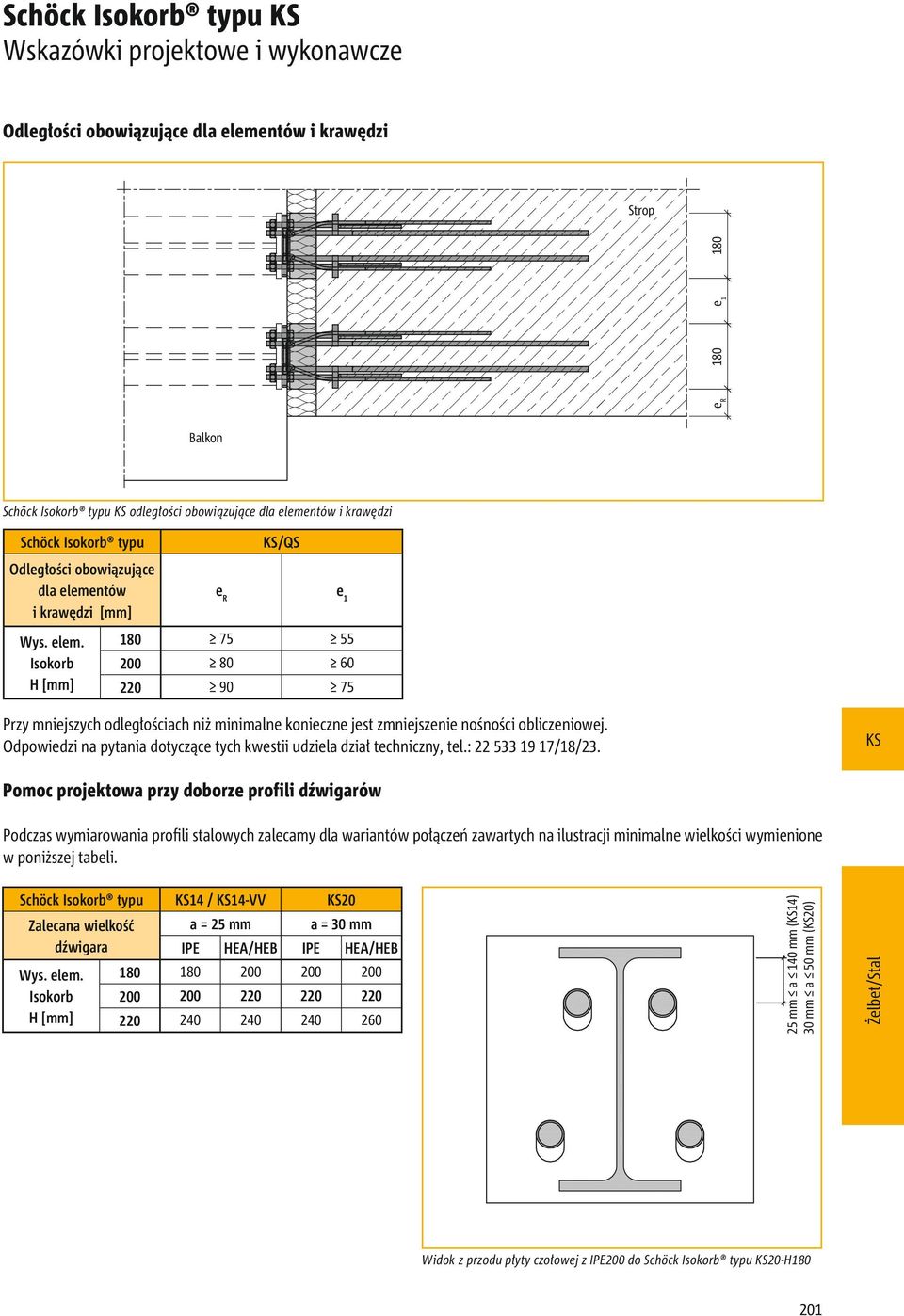 ntów i krawędzi [mm] Wys. elem. Isokorb H [mm] /QS e R e 1 180 75 55 200 80 60 220 90 75 Przy mniejszych odległościach niż minimalne konieczne jest zmniejszenie nośności obliczeniowej.