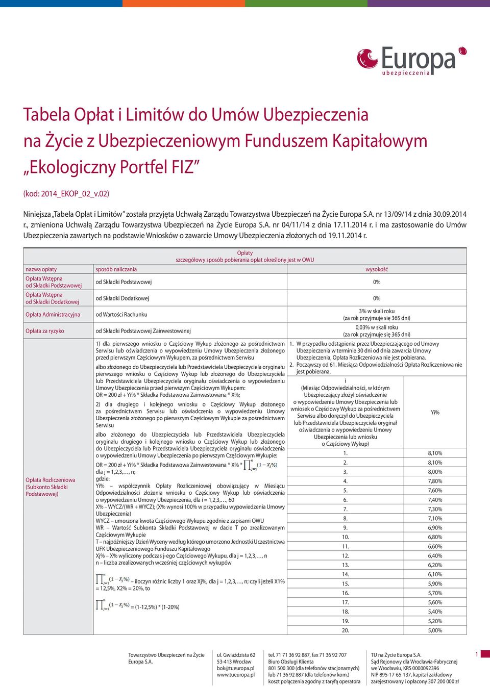 , zmieniona Uchwałą Zarządu Towarzystwa Ubezpieczeń na Życie nr 04/11/14 z dnia 17.11.2014 r.