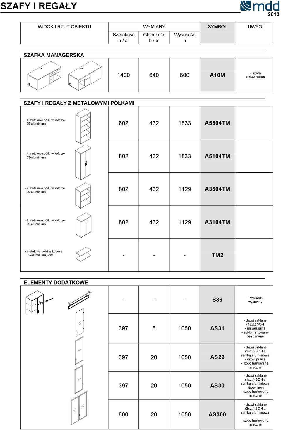 09-aluminium, 2szt - - - TM2 ELEMENTY DODATKOWE - - - S86 - wieszak wysuwny 397 5 1050 AS31 397 20 1050 AS29 397 20 1050 AS30 800 20 1050 AS300 - drzwi szklane (1szt) 3OH - uniwersalne - szkło