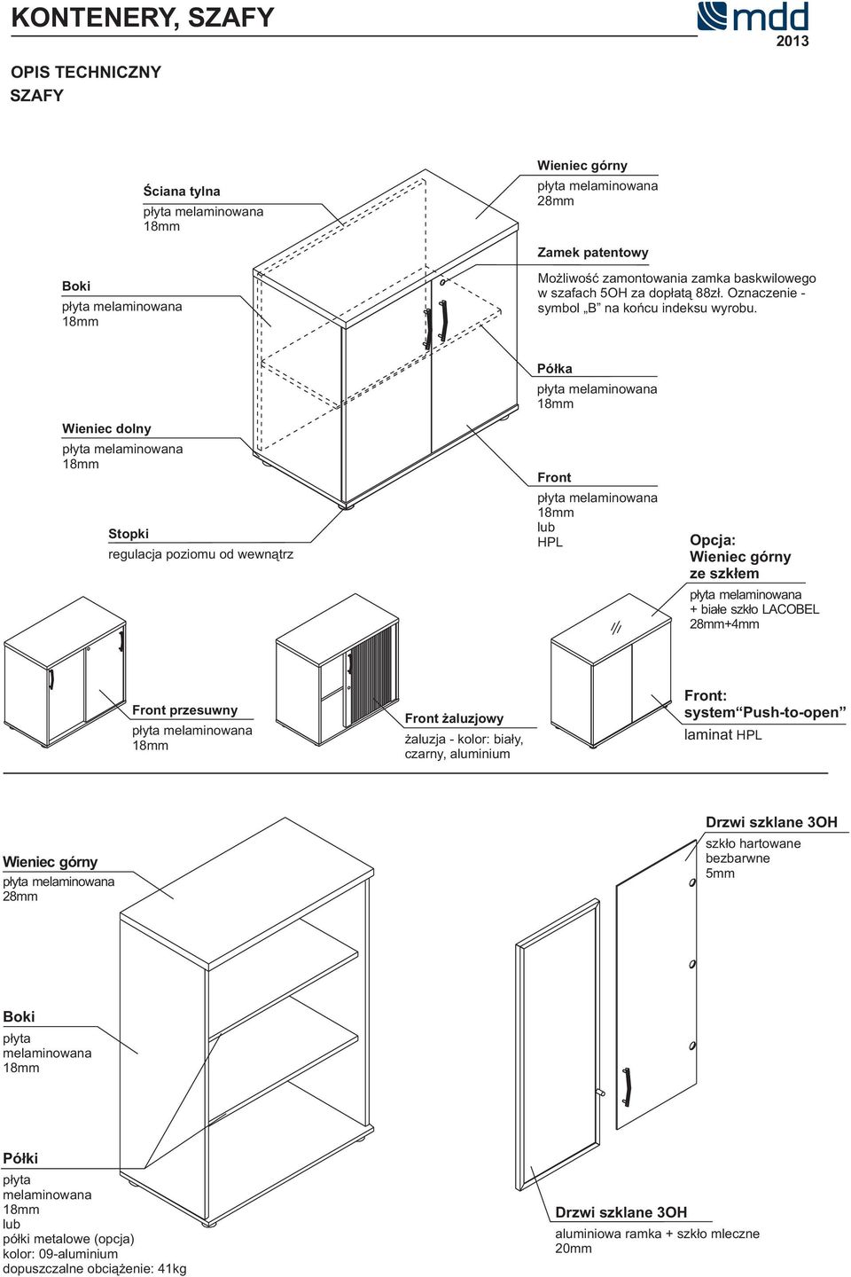 przesuwny Front żaluzjowy żaluzja - kolor: biały, czarny, aluminium Front: system Pus-to-open laminat HPL Wieniec górny 28mm Drzwi szklane 3OH szkło artowane bezbarwne 5mm