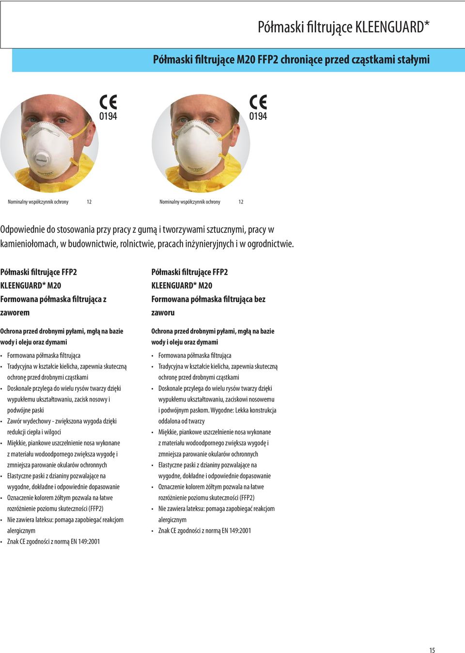 Półmaski filtrujące FFP2 KLEENGUARD* M20 Formowana półmaska filtrująca z zaworem Ochrona przed drobnymi pyłami, mgłą na bazie wody i oleju oraz dymami Formowana półmaska filtrująca Tradycyjna w