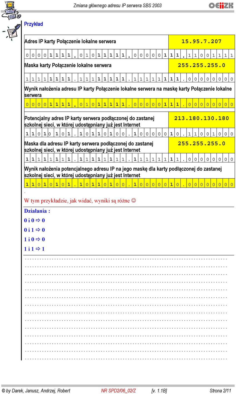 0 0 0 0 0 0 0 0 Potencjalny adres IP karty serwera pod czonej do zastanej szkolnej sieci, w której udost pniany ju jest Internet 213.180.130.180 1 1 0 1 0 1 0 1. 1 0 1 1 0 1 0 0. 1 0 0 0 0 0 1 0.