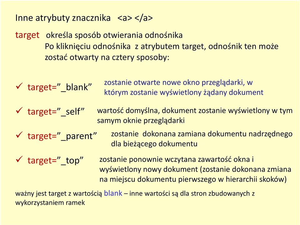 zostanie wyświetlony w tym samym oknie przeglądarki zostanie dokonana zamiana dokumentu nadrzędnego dla bieżącego dokumentu zostanie ponownie wczytana zawartość okna i