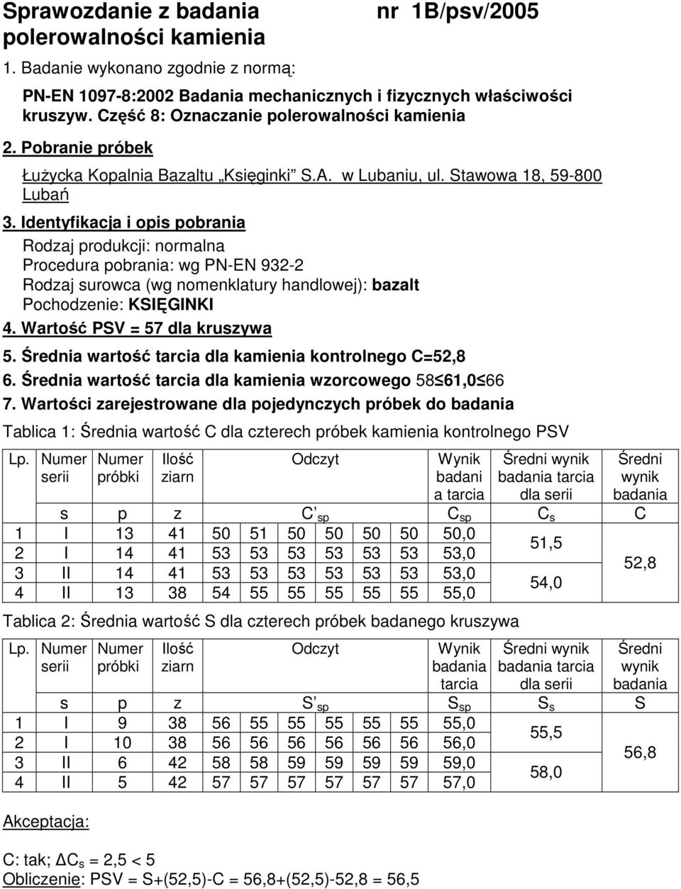 Identyfikacja i opis pobrania Rodzaj produkcji: normalna Procedura pobrania: wg PN-EN 932-2 Rodzaj surowca (wg nomenklatury handlowej): bazalt Pochodzenie: KSIĘGINKI 4.