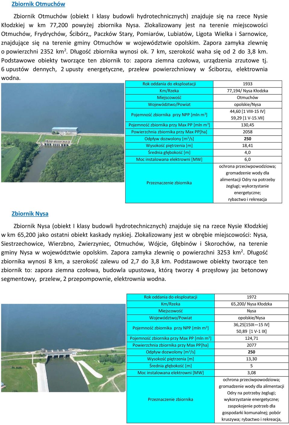 opolskim. Zapora zamyka zlewnię o powierzchni 2352 km 2. Długość zbiornika wynosi ok. 7 km, szerokość waha się od 2 do 3,8 km.