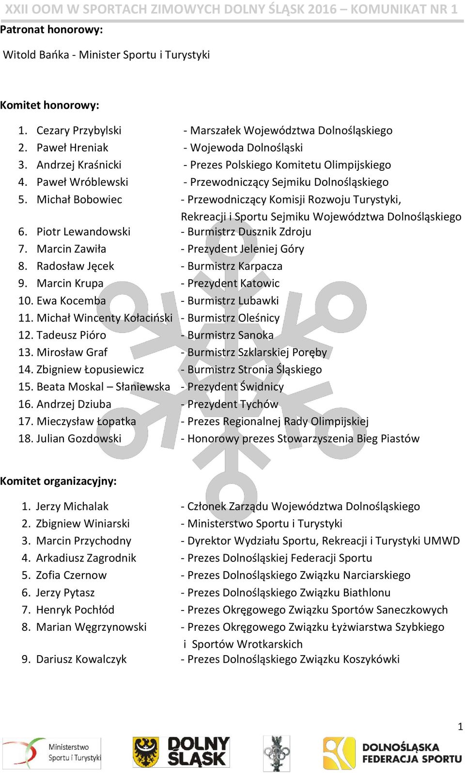 Michał Bobowiec - Przewodniczący Komisji Rozwoju Turystyki, Rekreacji i Sportu Sejmiku Województwa Dolnośląskiego 6. Piotr Lewandowski - Burmistrz Dusznik Zdroju 7.