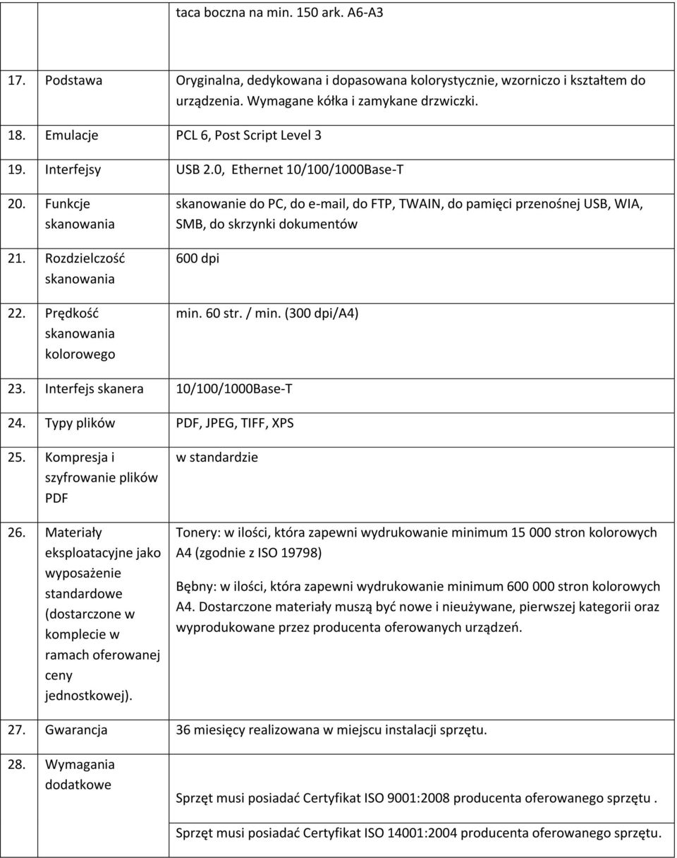Prędkość kolorowego skanowanie do PC, do e-mail, do FTP, TWAIN, do pamięci przenośnej USB, WIA, SMB, do skrzynki dokumentów 600 dpi min. 60 str. / min. (300 dpi/a4) 23.