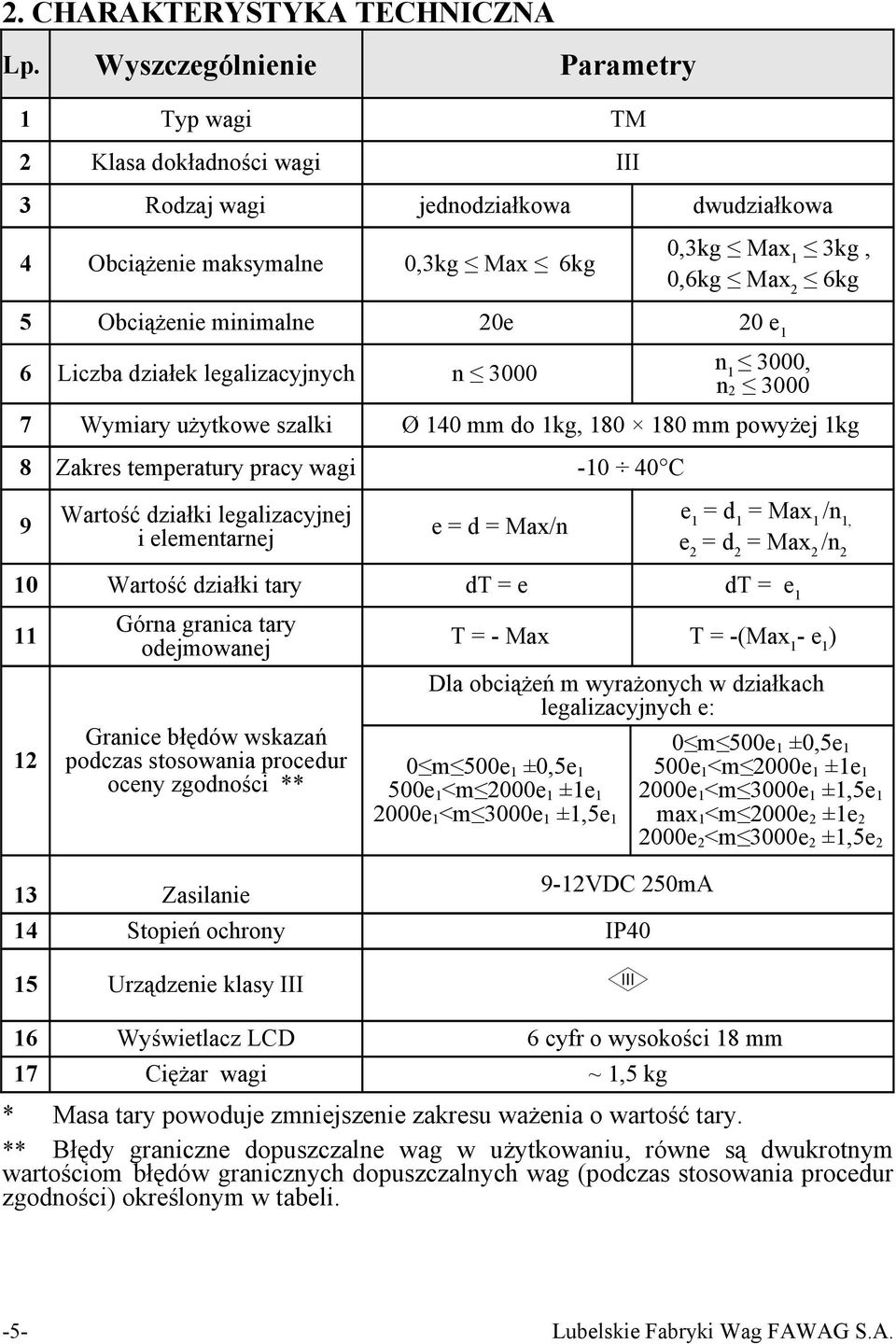 minimalne 20e 20 e 1 6 Liczba działek legalizacyjnych n 3000 n 1 3000, n 2 3000 7 Wymiary użytkowe szalki Ø 140 mm do 1kg, 180 180 mm powyżej 1kg 8 Zakres temperatury pracy wagi -10 40 C 9 Wartość