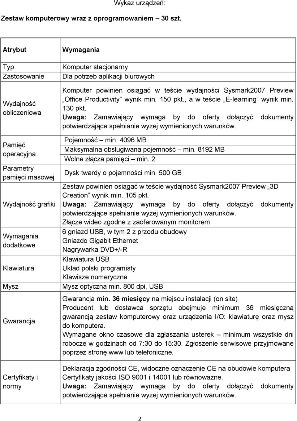 aplikacji biurowych Komputer powinien osiągać w teście wydajności Sysmark2007 Preview Office Productivity wynik min. 150 pkt., a w teście E-learning wynik min. 130 pkt. Pojemność min.