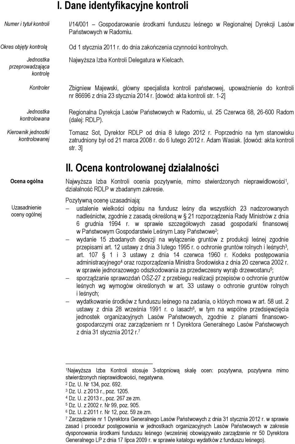 Najwyższa Izba Kontroli Delegatura w Kielcach. Zbigniew Majewski, główny specjalista kontroli państwowej, upoważnienie do kontroli nr 86696 z dnia 23 stycznia 2014 r. [dowód: akta kontroli str.