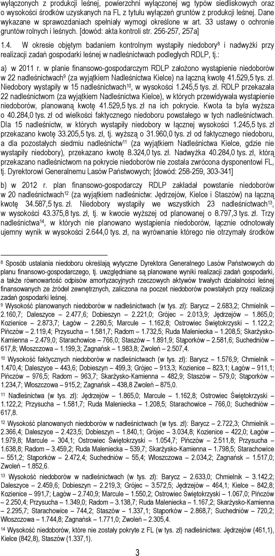 W okresie objętym badaniem kontrolnym wystąpiły niedobory 8 i nadwyżki przy realizacji zadań gospodarki leśnej w nadleśnictwach podległych RDLP, tj.: a) w 2011 r.