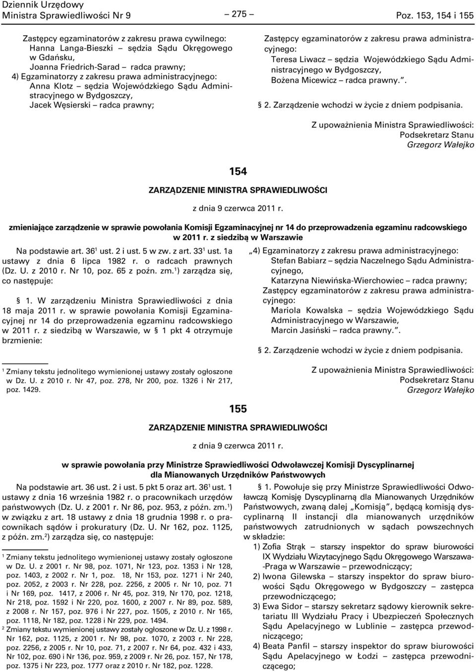 administracyjnego: Anna Klotz sędzia Wojewódzkiego Sądu Administracyjnego w Bydgoszczy, Jacek Węsierski radca prawny; Zastępcy egzaminatorów z zakresu prawa administracyjnego: Teresa Liwacz sędzia